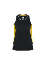 Ladies Renegade Singlet in Black/Gold/Silver, size 18; lightweight, breathable fabric with UPF protection and reflective trims.