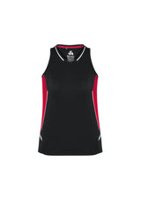 Ladies Renegade Singlet in Black/Red/Silver, size 16, featuring breathable fabric, mesh side panels, and reflective trims for activewear.