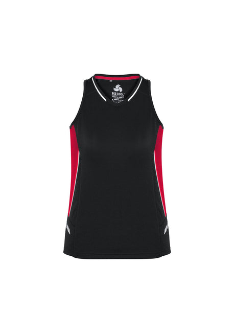 Ladies Renegade Singlet in Black/Red/Silver, Size 8, featuring mesh panels, reflective trims, and a racer back for comfort and style.
