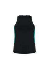 Ladies Renegade Singlet in black, teal, and silver, featuring a crew neck, racer back, and reflective trims for visibility.