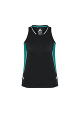 Ladies Renegade Singlet in Black, Teal, and Silver, featuring moisture-wicking fabric and a stylish racerback design.