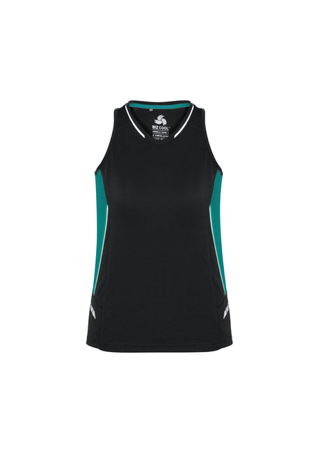 Stylish black, teal, and silver ladies singlet with reflective trims and mesh panels for breathability, perfect for workouts.