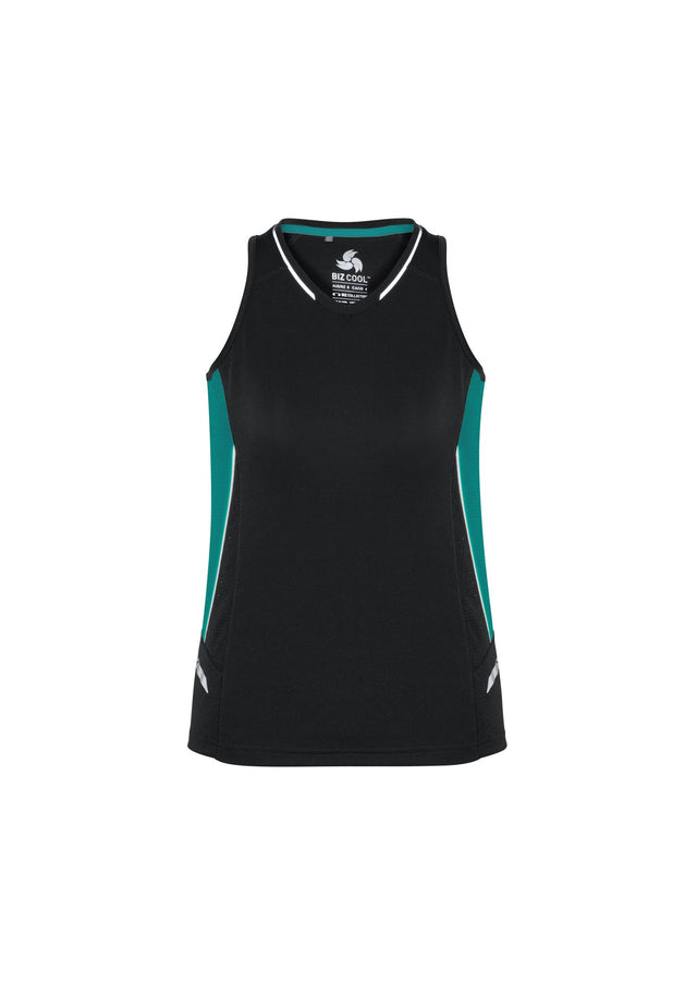 Ladies Renegade Singlet in Black/Teal/Silver, Size 14, featuring breathable fabric, reflective trims, and racerback design.
