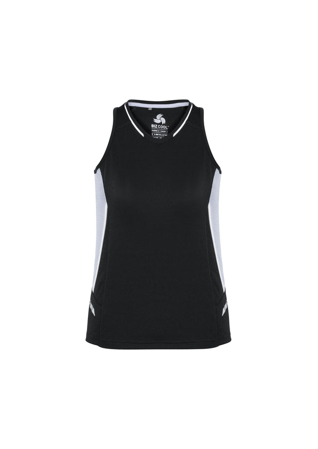 Ladies Renegade Singlet in Black, White, and Silver, featuring a racer back, mesh panels, and reflective trims for activewear style.
