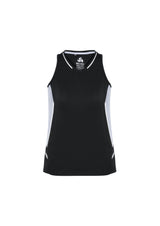 Ladies Renegade Singlet in Black/White/Silver, size 6, featuring breathable fabric, mesh panels, and reflective trims for activewear.