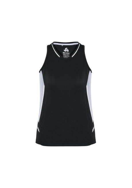 Ladies Renegade Singlet in Black/White/Silver, Size 8, featuring moisture-wicking fabric and breathable mesh side panels.