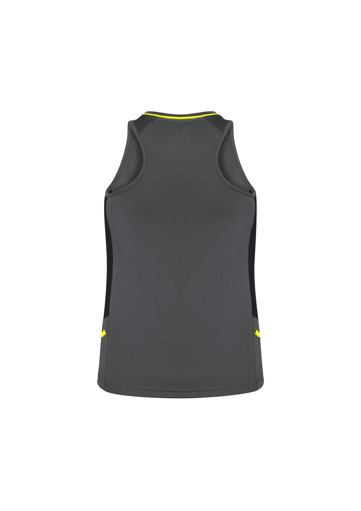 Ladies Renegade Singlet in Grey/Black/Fluoro Yellow, showcasing lightweight, breathable fabric and racer back design for workouts.