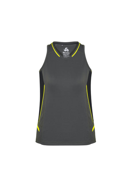 Ladies Renegade Singlet in grey, black, and fluoro yellow, featuring mesh panels, reflective trims, and a comfortable racer back design.