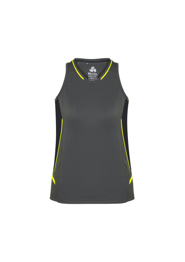 Ladies Renegade Singlet in grey, black, and fluoro yellow with reflective trims, mesh panels, and racer back for comfort and style.