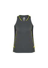 Ladies Renegade Singlet in Grey, Black, and Fluoro Yellow; size 20 features breathable fabric, reflective trims, and a racerback design.