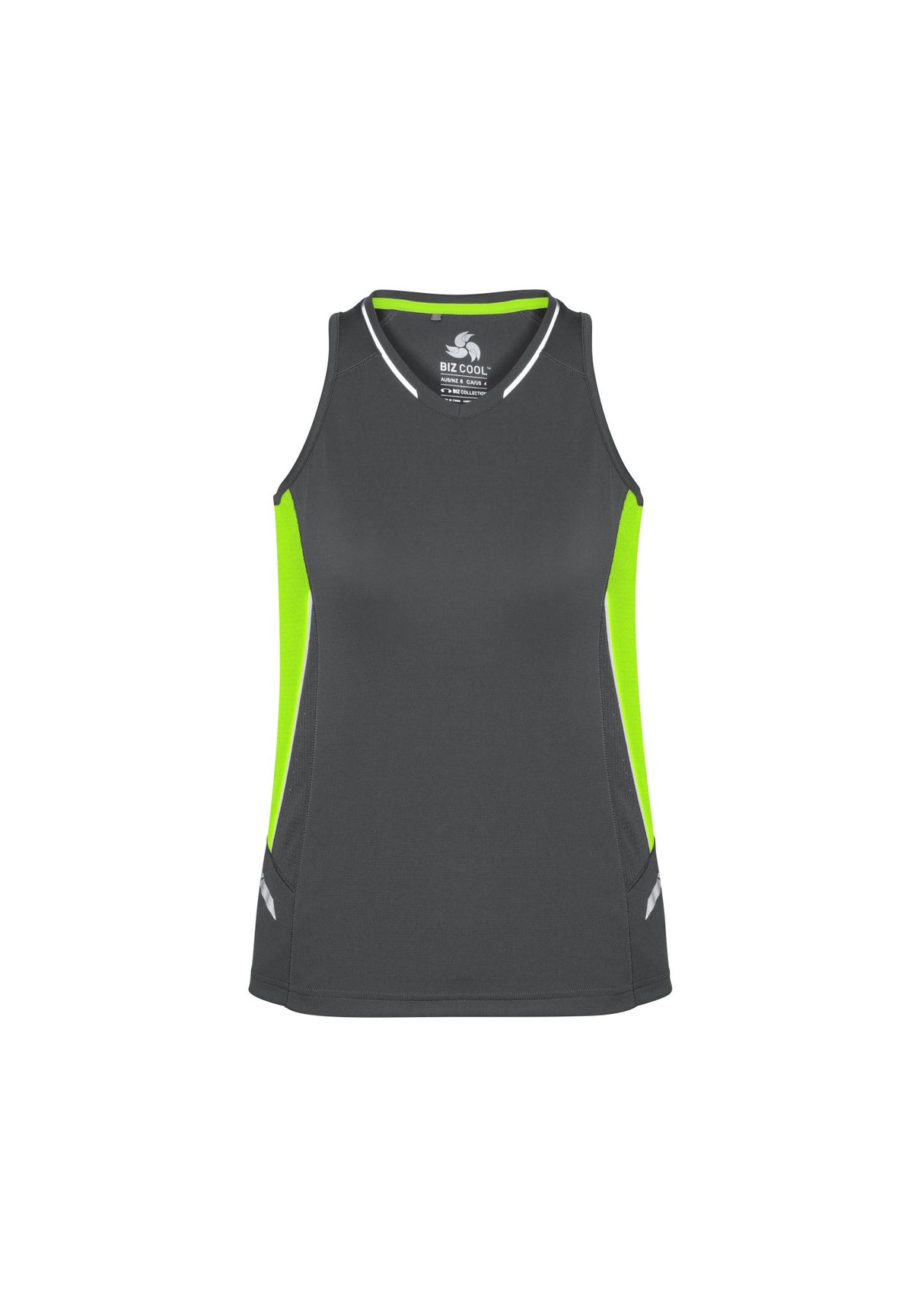Ladies Renegade Singlet in Grey/Fluoro Lime/Silver - Size 16, featuring breathable fabric, racer back, and silver reflective trims.