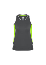 Ladies Renegade Singlet in grey, fluoro lime, and silver, size 12; features moisture-wicking fabric and racer back design.