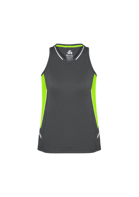 Ladies Renegade Singlet in grey, fluoro lime, and silver, size 12; features moisture-wicking fabric and racer back design.