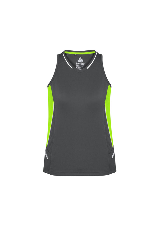 Ladies Renegade Singlet in grey with fluoro lime and silver accents, featuring a racer back and breathable fabric for active wear.