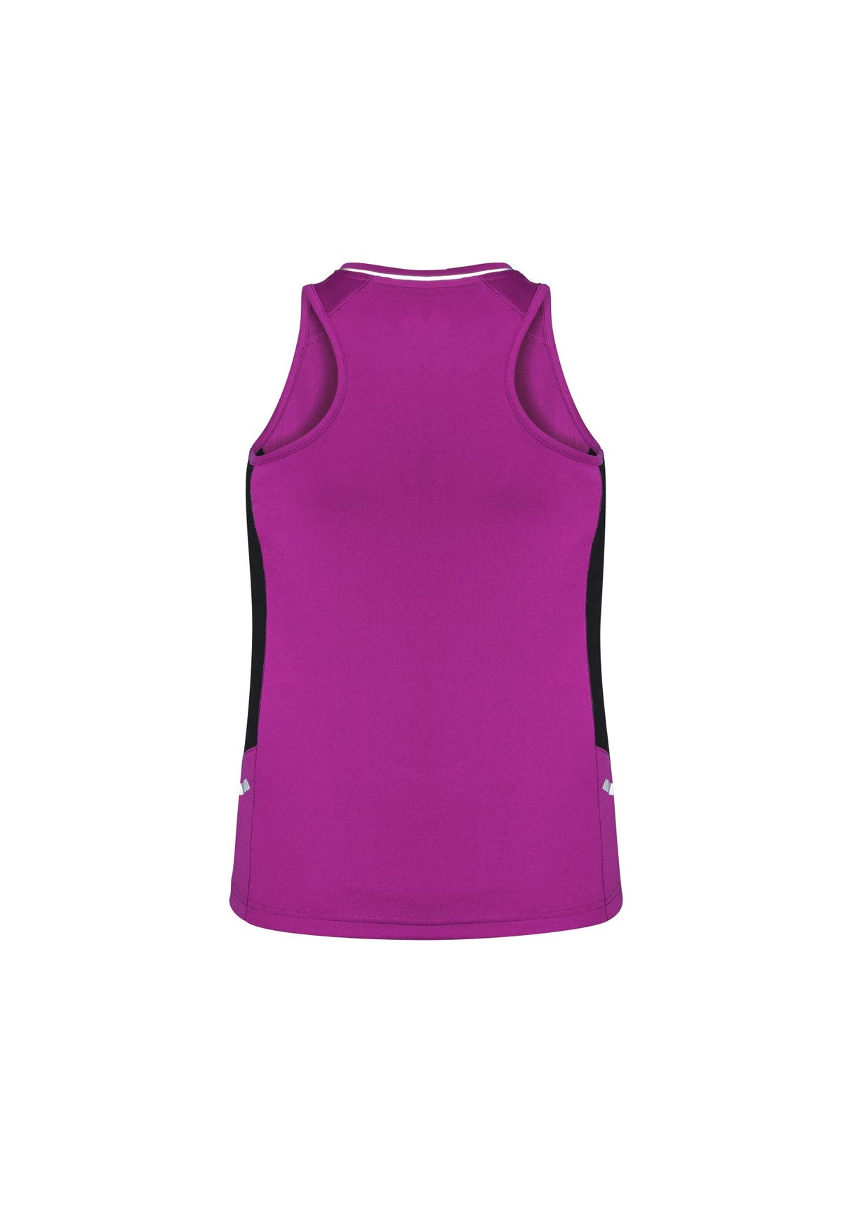 Ladies Renegade Singlet in magenta, black, and silver, size 18, features breathable fabric and racer back design for active wear.