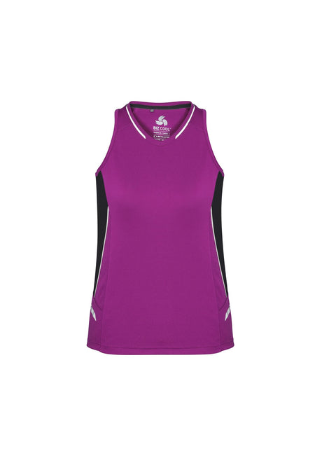Ladies Renegade Singlet in Magenta, Black, and Silver, size 18, featuring breathable fabric and a stylish racer back design.