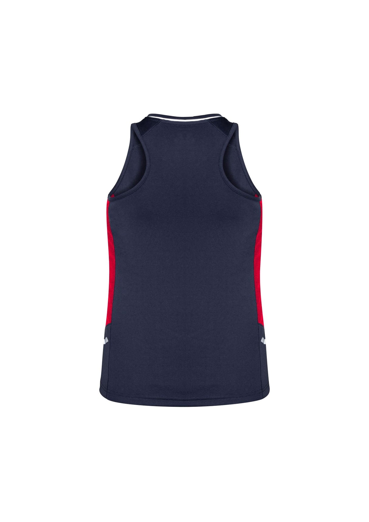 Ladies Renegade Singlet in Navy/Red/Silver, Size 16, features breathable fabric, racer back design, and reflective trims for visibility.