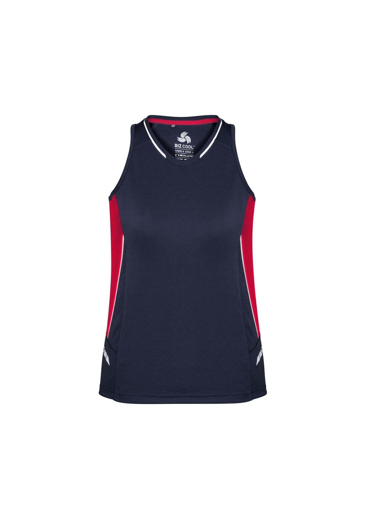 Ladies Renegade Singlet in Navy/Red/Silver, size 18, featuring breathable fabric, reflective trims, and a stylish racer back design.
