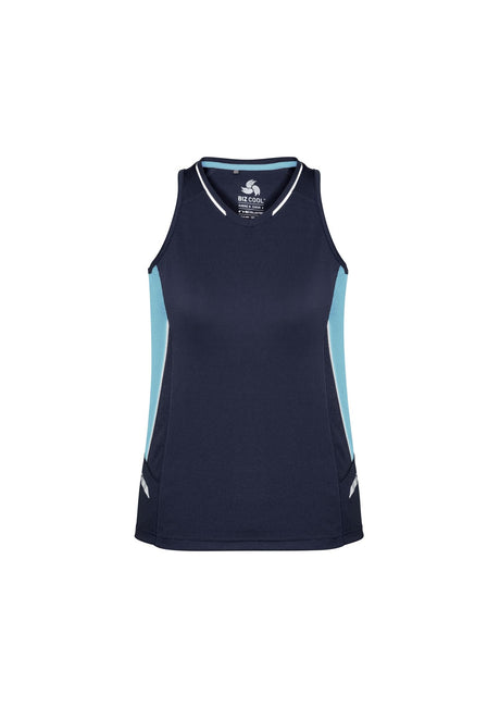 Ladies Renegade Singlet in Navy/Sky/Silver, size 18, featuring cooling fabric, bold colors, and mesh panels for airflow.