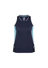 Ladies Renegade Singlet in Navy/Sky/Silver, Size 6, featuring breathable mesh panels and reflective trims for enhanced visibility.