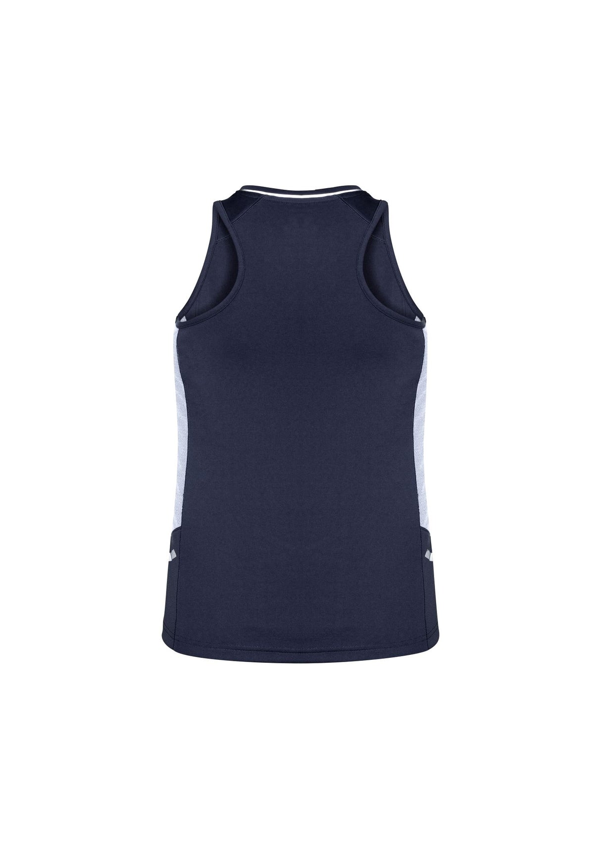 Ladies Renegade Singlet in Navy, White, and Silver, Size 20, featuring moisture-wicking fabric and stylish reflective trims.