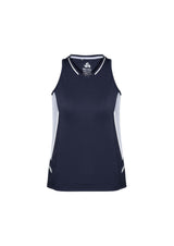 Ladies Renegade Singlet in navy, white, and silver, with breathable fabric, UPF protection, and racer back design for active wear.