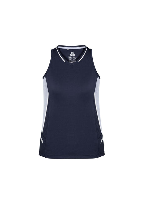 Navy/white/silver ladies singlet with racer back, UPF protection, and mesh panels for breathability, size 6 by Biz Collection.
