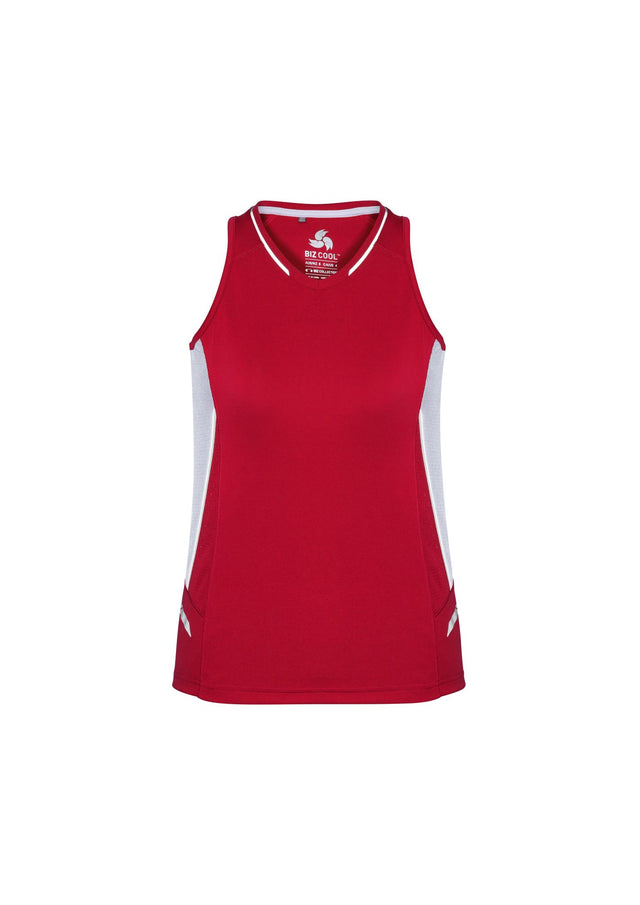 Ladies Renegade Singlet in Red, White, and Silver, featuring breathable fabric, reflective trims, and racer back design for active women.