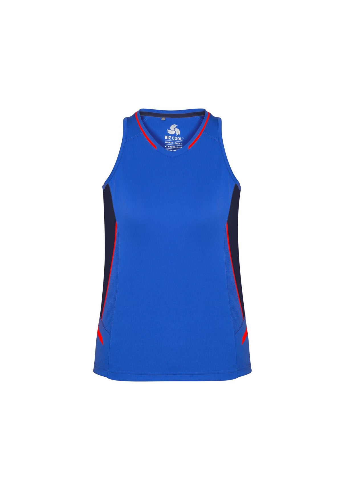 Ladies Renegade Singlet in Royal/Navy/Fluoro Orange, size 12, featuring mesh panels and racer back for optimal comfort and motion.