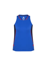 Ladies Renegade Singlet in Royal/Navy/Fluoro Orange, size 16, featuring breathable fabric, mesh panels, and reflective trims.