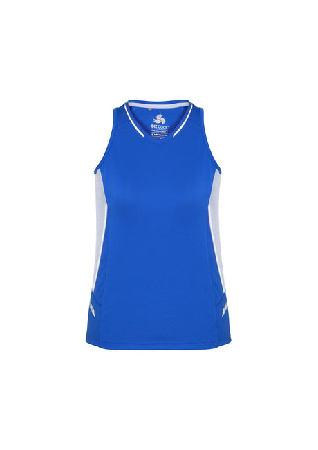 Ladies Renegade Singlet in Royal, White, and Silver, featuring mesh panels and reflective trims for optimal comfort and style.