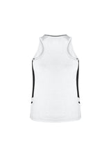 Ladies Renegade Singlet in white, black, and silver, size 8, featuring breathable fabric, reflective trims, and racer back design.