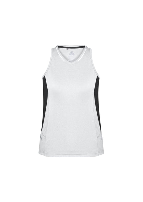 Ladies Renegade Singlet in White/Black/Silver, size 14, featuring moisture-wicking fabric, racerback design, and reflective trims.