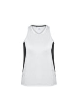 Ladies Renegade Singlet in White, Black, and Silver, featuring breathable fabric and a comfortable racer back design. Size 8.