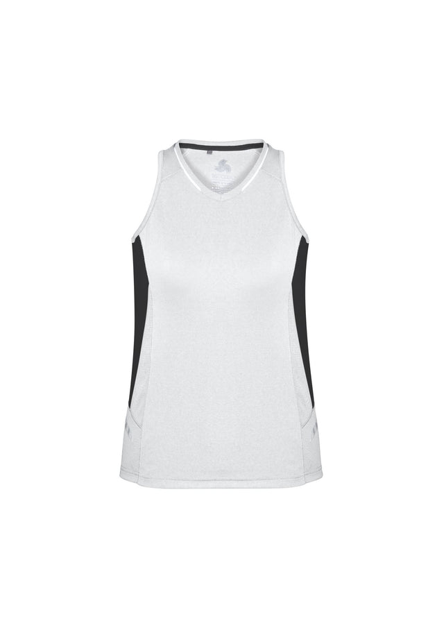 Ladies Renegade Singlet in white, black, and silver with racer back, mesh panels, and reflective trims, size 16.