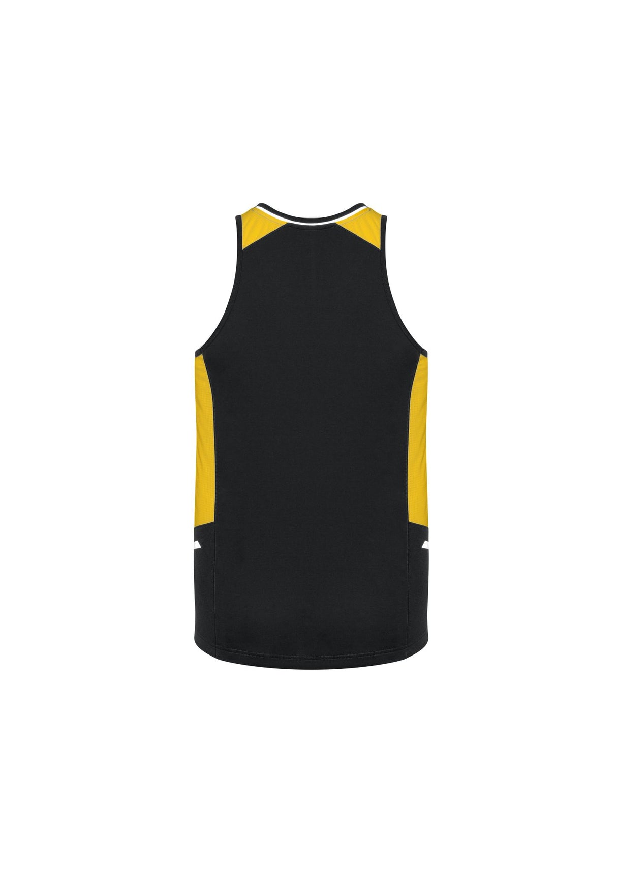 Mens Renegade Singlet in Black/Gold/Silver, lightweight with reflective trims, crew neck, and breathable mesh panels for workouts.