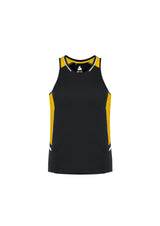 Mens Renegade Singlet in Black/Gold/Silver, size XS, featuring breathable fabric, reflective trims, and stylish design for active wear.