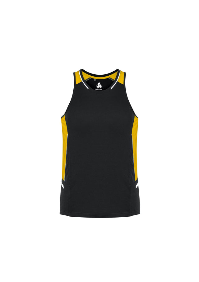 Mens Renegade Singlet in Black/Gold/Silver, size XS, featuring breathable fabric, reflective trims, and stylish design for active wear.