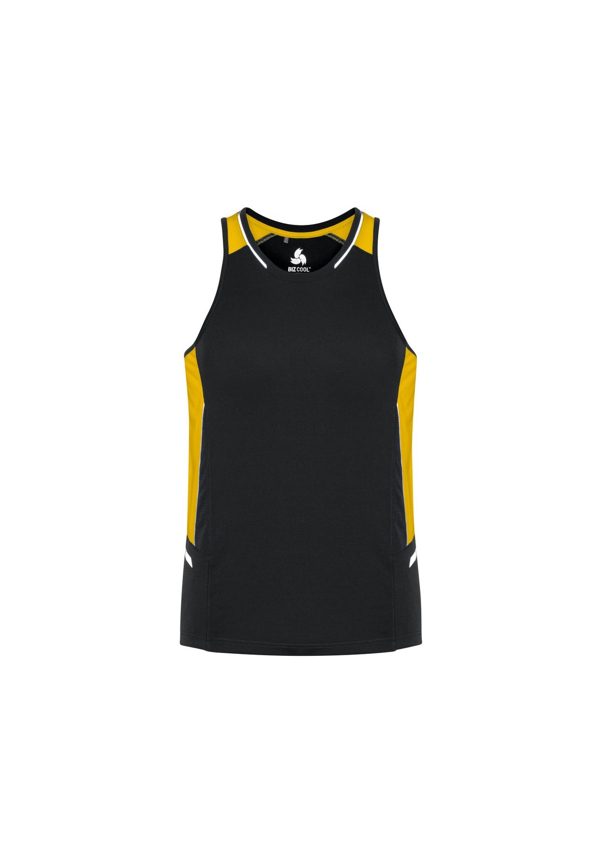Mens Renegade Singlet in Black/Gold/Silver, size XL, featuring reflective trims, mesh panels, and excellent UPF protection.