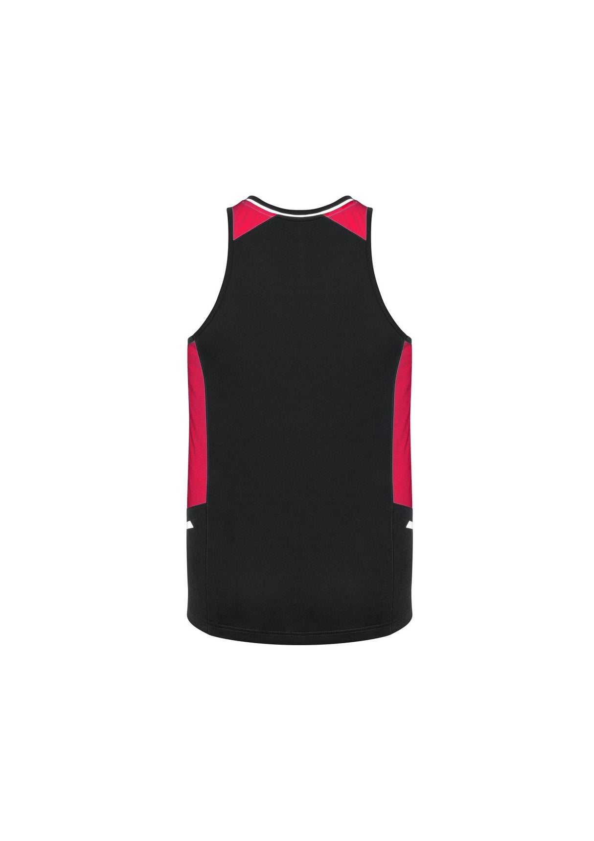 Men's Renegade Singlet in Black, Red, and Silver, featuring breathable fabric, reflective trims, and mesh panels for active wear.
