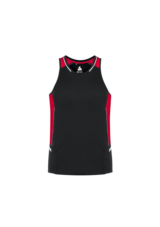 Men's Renegade Singlet in black, red, and silver; lightweight, breathable fabric with reflective trims and mesh panels for comfort.