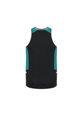 Mens Renegade Singlet in Black, Teal, and Silver, size L, features breathable fabric, reflective trims, and dynamic design for activewear.