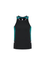 Mens Renegade Singlet in black, teal, and silver; features breathable fabric, reflective trims, and comfortable crew neck.
