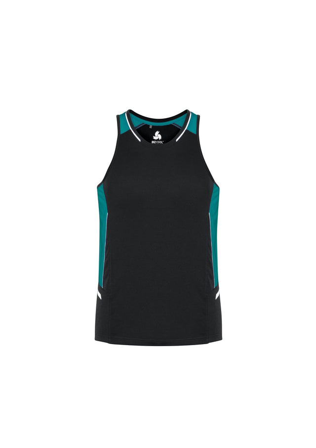 Mens Renegade Singlet in black, teal, and silver; features breathable fabric, reflective trims, and comfortable crew neck.