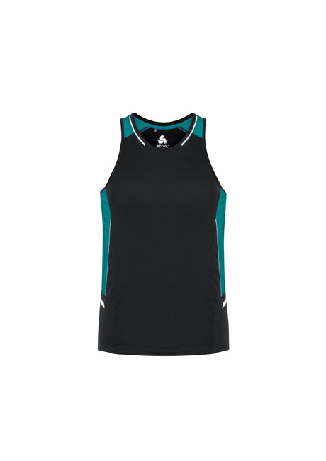Men's Renegade Singlet in black, teal, and silver, featuring mesh panels, reflective trims, and a comfortable crew neck. Size M.