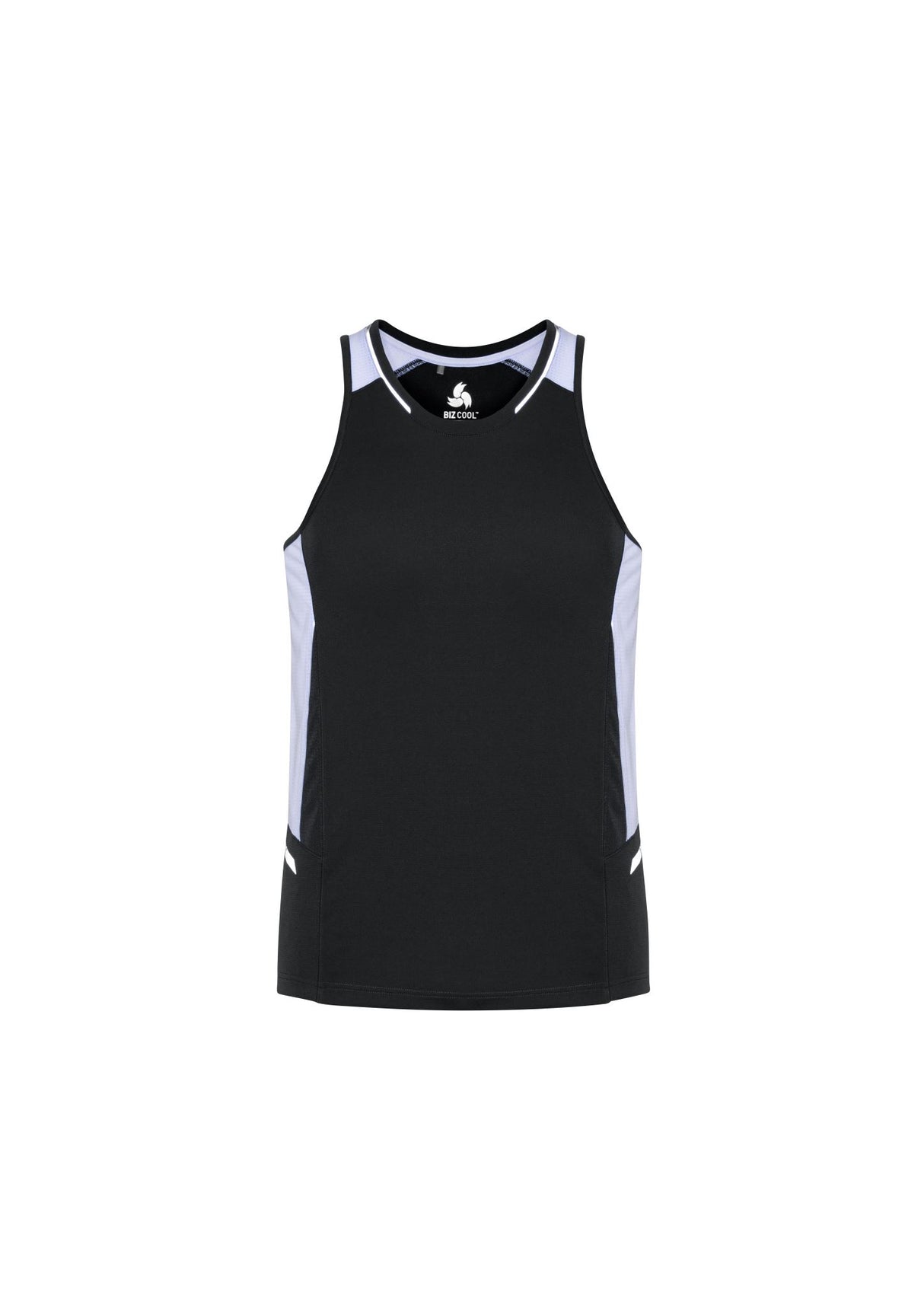 Mens Renegade Singlet in Black/White/Silver, XS size, featuring breathable fabric, reflective trims, and a dynamic design.