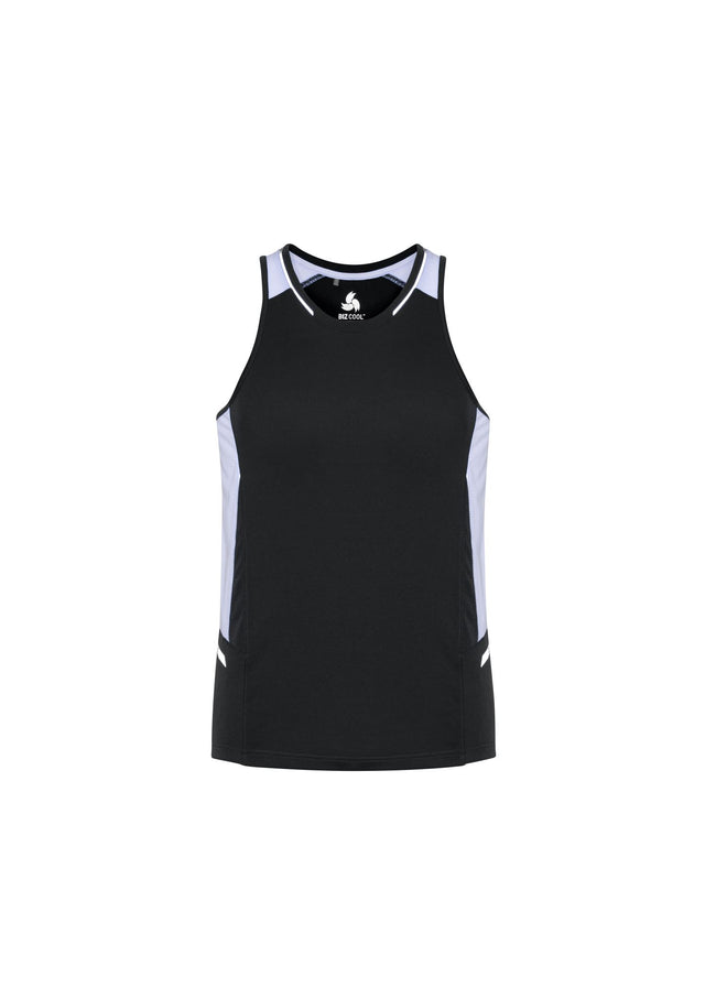 Mens Renegade Singlet in Black/White/Silver, XS size, featuring breathable fabric, reflective trims, and a dynamic design.