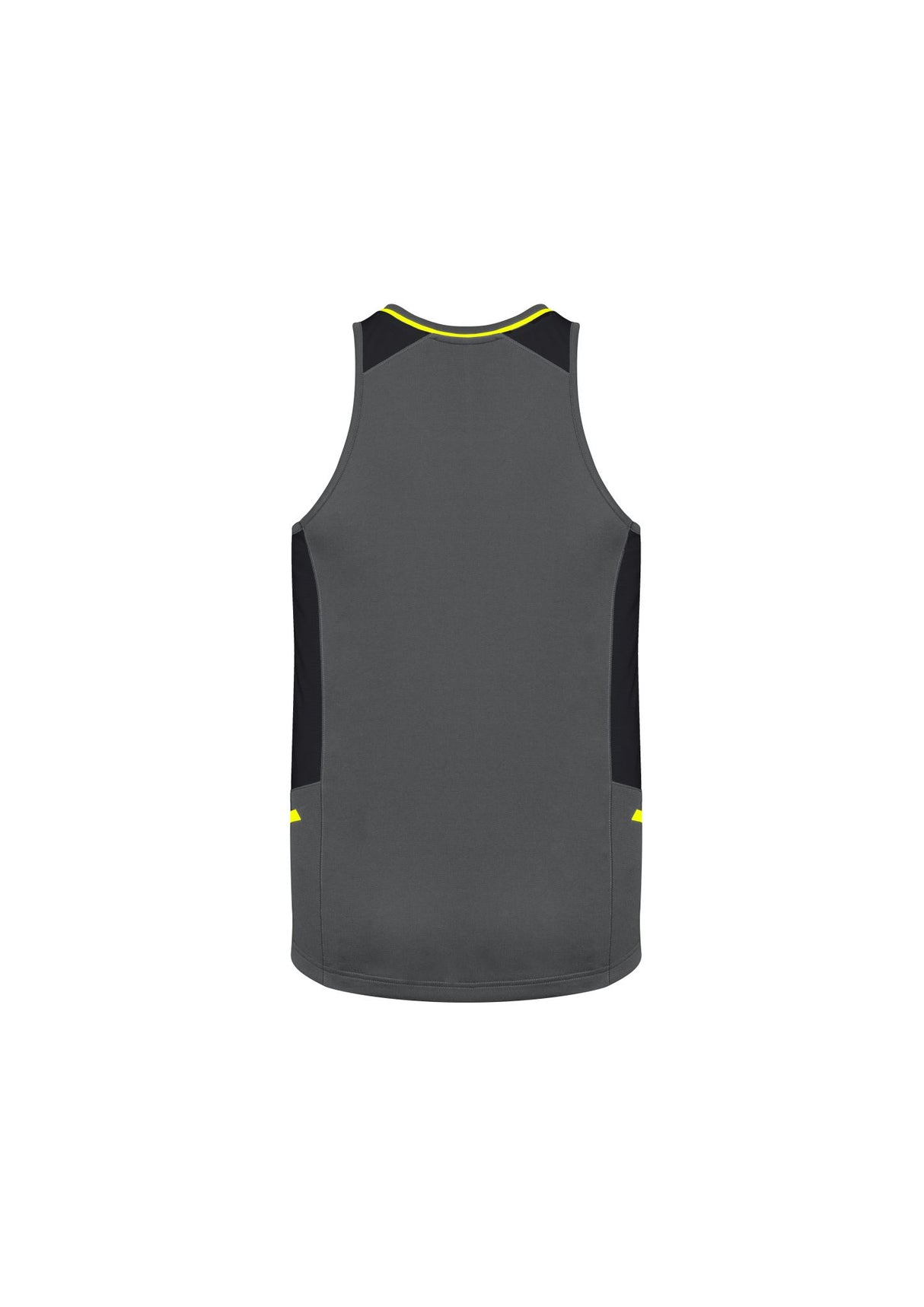 Mens Renegade Singlet in grey, black, and fluoro yellow with a comfortable crew neck and mesh side panels for enhanced breathability.