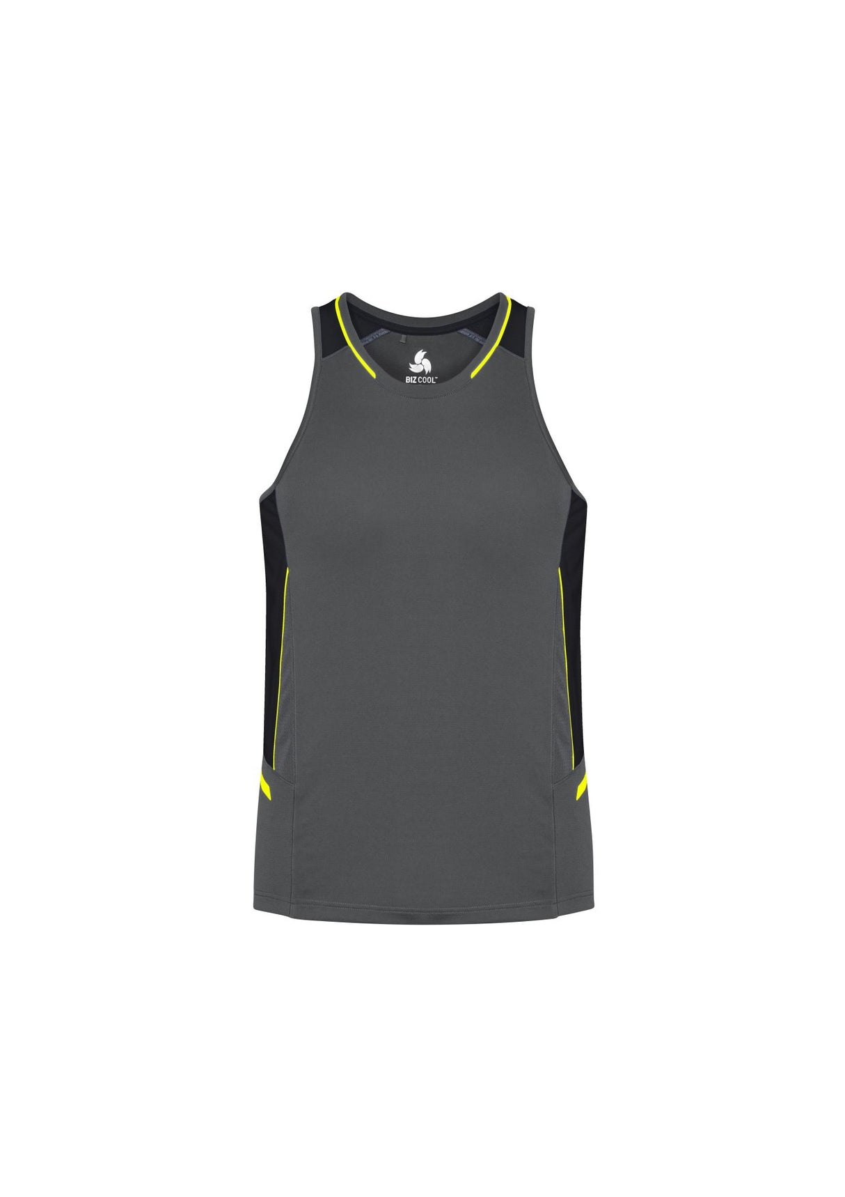 Men's Renegade Singlet in Grey, Black, and Fluoro Yellow, featuring breathable fabric and reflective trims for visibility.
