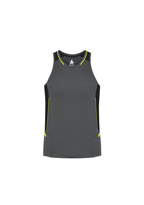 Mens Renegade Singlet in Grey/Black/Fluoro Yellow, size XL, featuring breathable mesh panels and reflective trims for visibility.